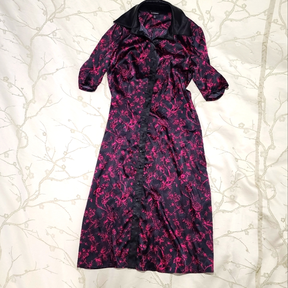 Le Château short sleeved button up full length satin dress